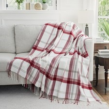 Red White Plaid Throw Blanket Soft Cozy Tassels For Bed Sofa Picnic 60x80 In