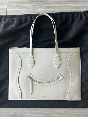CELINE FLAT CABAS NEW LUGGAGE ‘SMILE’ BAG WHITE CALF LEATHER FITS LAPTOP NWT