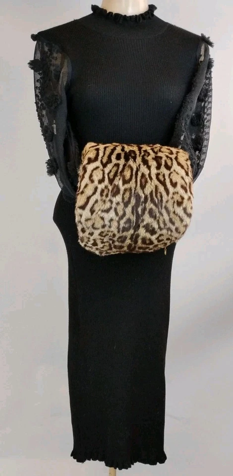Bolso de mano con estampado de leopardo animal de piel real años 30 calentador de manos barril manguito gato grande Foto 2 de 4