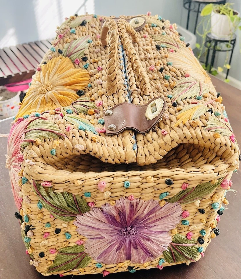 De Colección Bolso Floral Cartera Grande Tejido Rafia Paja Playa Picnic Boho Lona Resort Foto 4 de 4