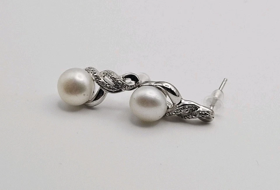 Regina Lane RL Sterling Silver Pearl & Diamond Twist Dangle Earrings - Image 4 of 4