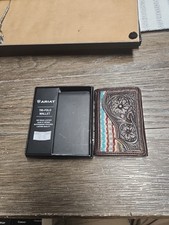 Ariat Western Mens Tri-Fold Wallet Leather Tooled Floral Rug Brown