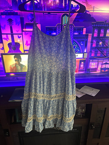 Indigo Blue/White Floral Midi Sundress Strappy Scoop Neck Lace Accents L