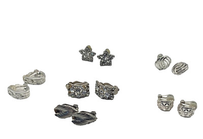 Lot 6 Pairs Silver Tone Rhinestone Clip On Earrings Womens Huggie Stud Jewelry