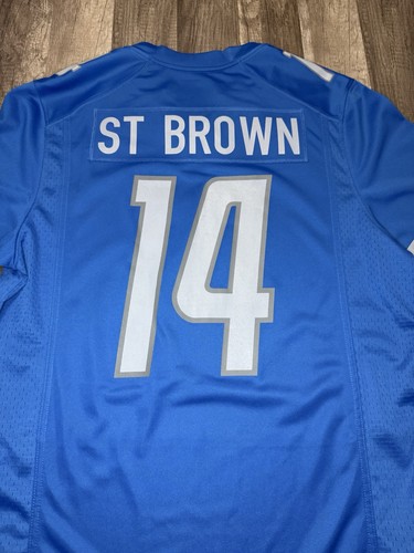 Amon-Ra St. Brown #14 Detroit Lions Team Blue Player Jersey Men's Large 23x32 - Foto 6 di 8