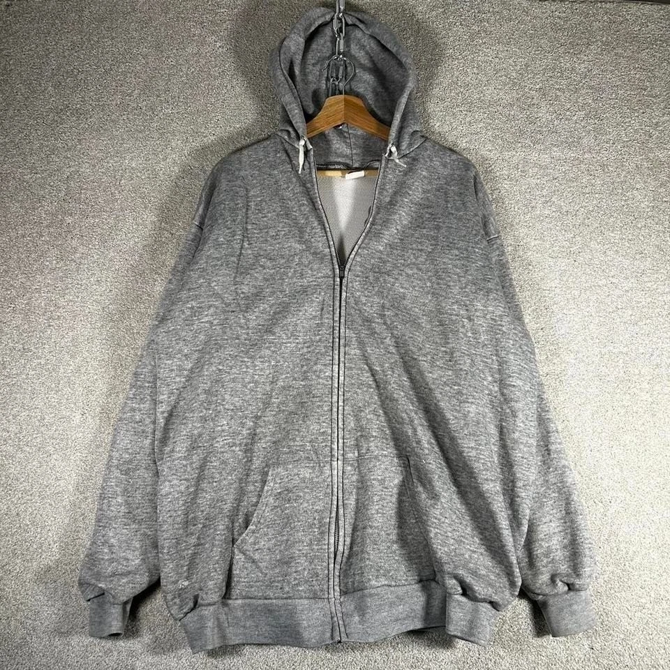 Vintage 80s Tultex grey thermal lined zip up hoodie flaws shown