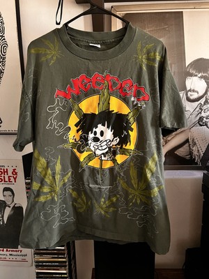 Vintage Rare 1994 Weeded Records AOP t-shirt Sz XL NERVOUS Records 90s Green
