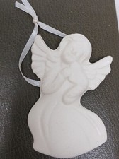 Angel Figurine Ornament With Ribbon Hanger White Bisque Ceramic S-2