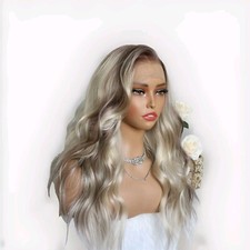 Brown Blonde Ombre Wig HD Front Lace Human Hair Blend Highlights Wavy Curly