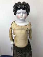 18  Antique Bisque German China Head Doll Hertwig Low Brow Original Leather  A