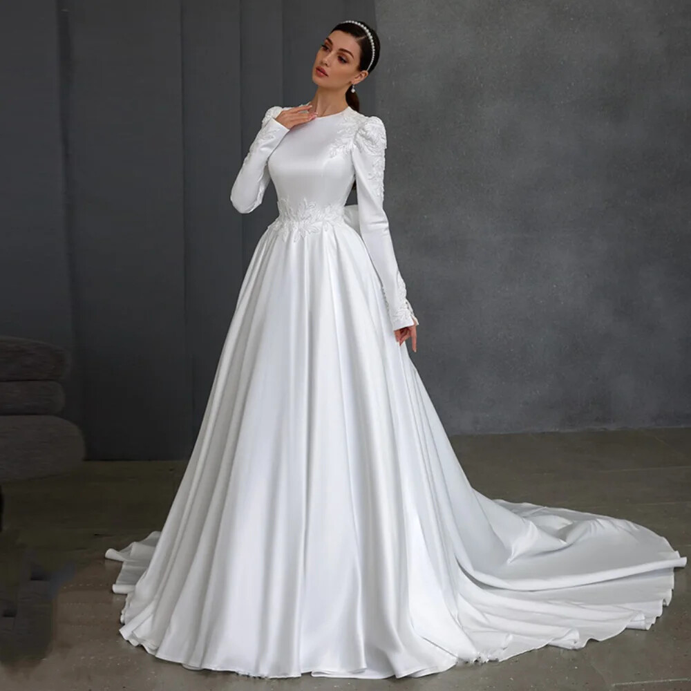 Modest Long Sleeves Wedding Dresses Beading Appliques Satin Muslim Bridal  GownS | eBay