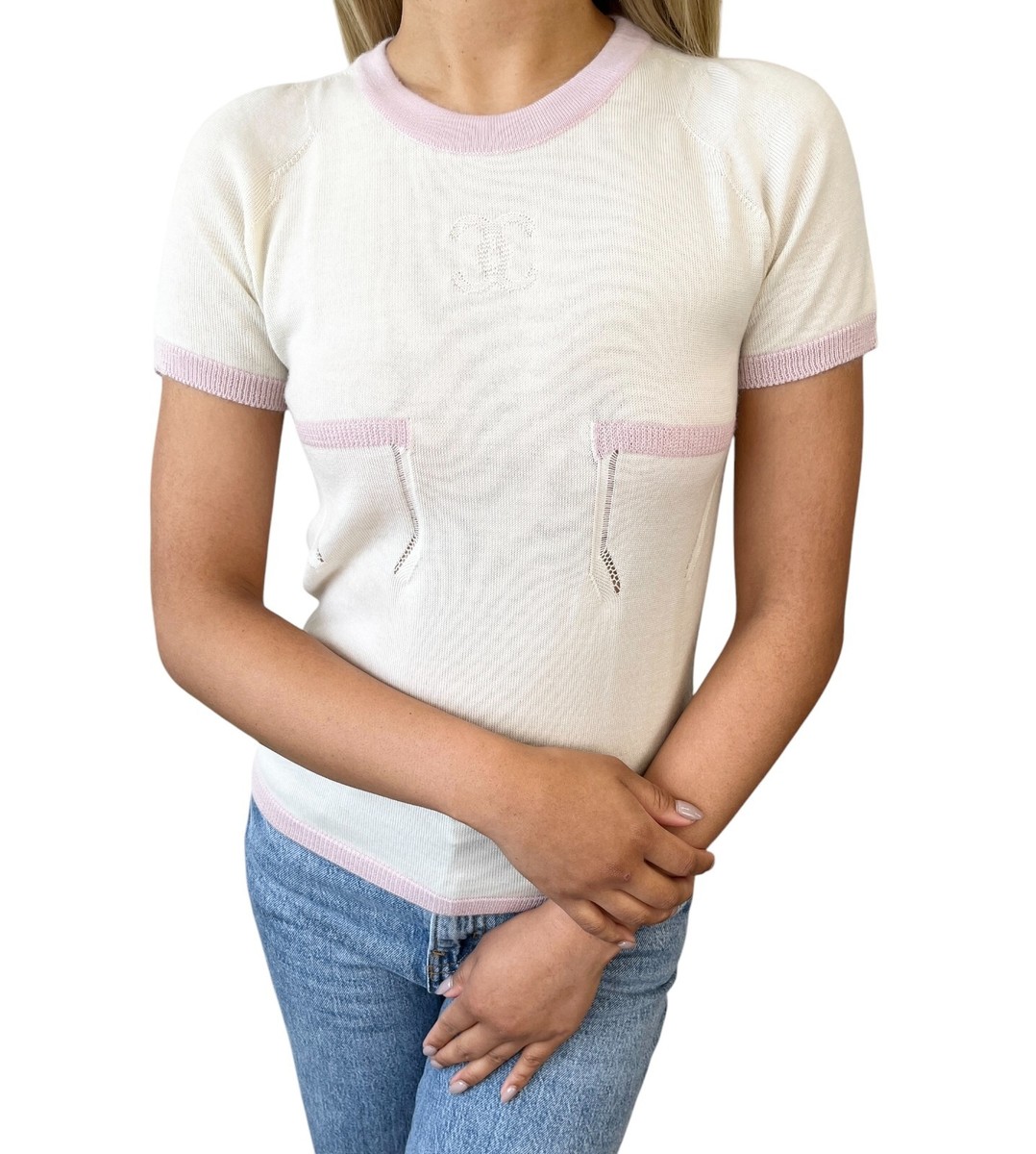 トップス Chanel Knit Shirt CHANEL Vintage 04C CC Logo Knit Top T-shirt #38 Pocket Cream Pink