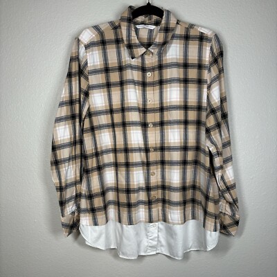 Isaac Mizrahi Live! Top Women s Size 12 Neutral Plaid Button Front Layered