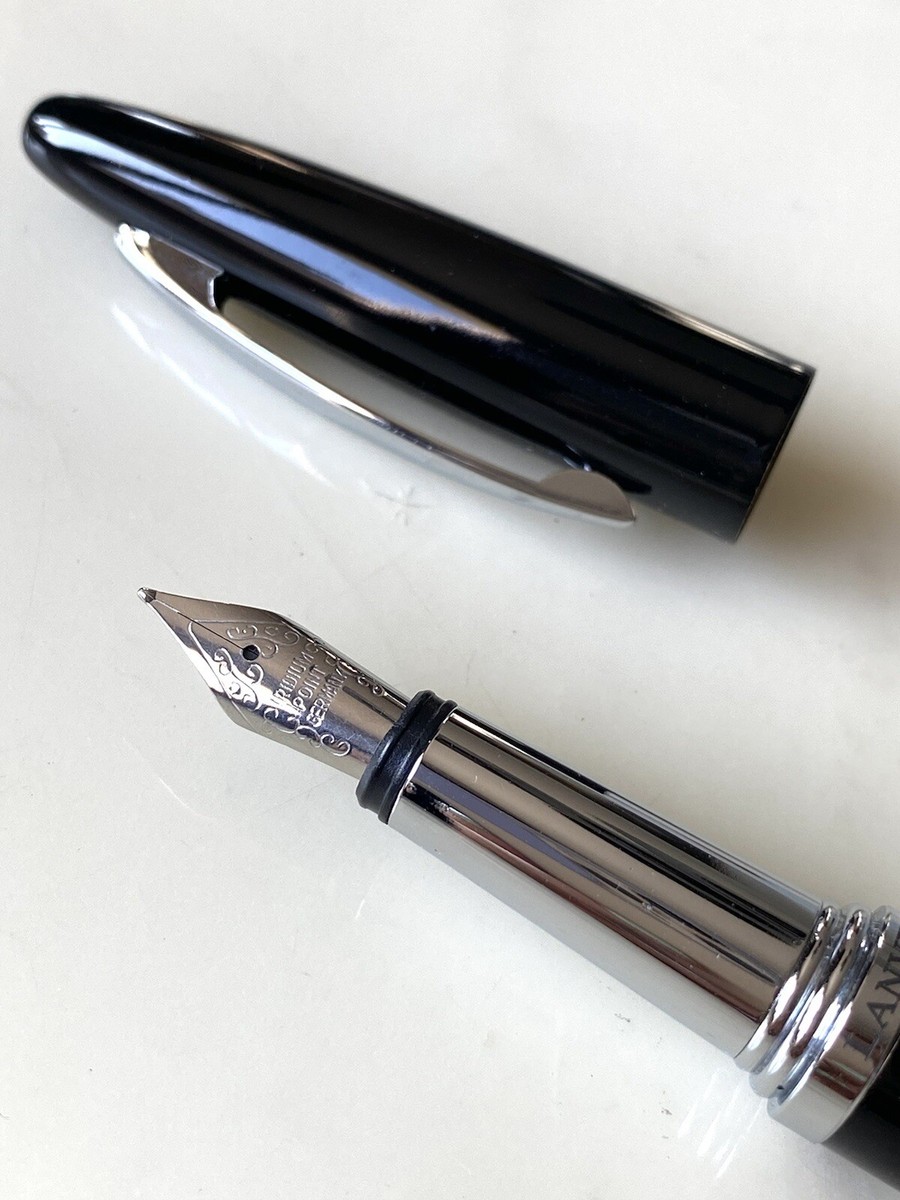 Stylo Plume Laqué Noir Et Acier Avec Chaîne - Neuf Sans Emballage, Plume Plaquée Or