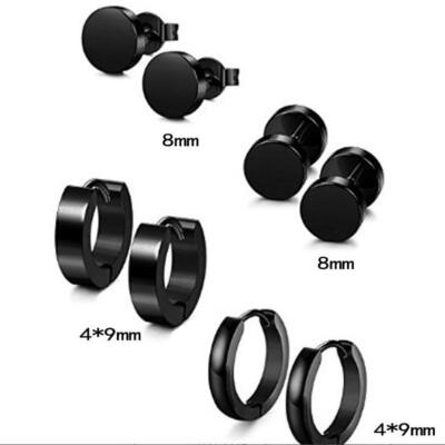 4 Pares Aretes Pendiente Set Para Hombre Negro Acero Inoxidable Piercing Mujeres