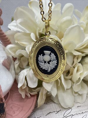 Scottish Thistle Irish Thistle Gold Locket Wedding Party Bridal Festival Cameo