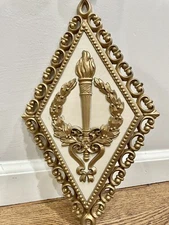 VINTAGE HOMCO  Victory Torch Diamond Plastic Wall Plaque Gold Tone MCM