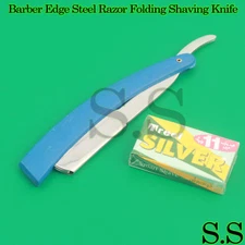 Blue Straight Barber Edge Steel Razor Folding Shaving Knife 11 Blades Razors