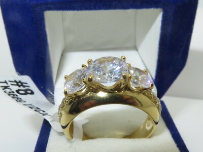 Ladies gold ring three stone accents anniversary 3carat 18kt steel sparkling 669