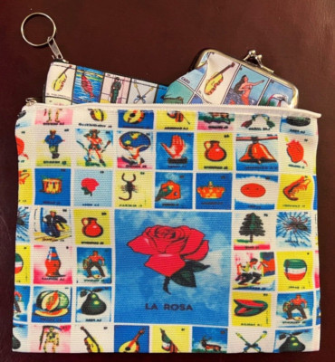 3 Piece Accessory Set Mexican Loteria Bingo Zipper Cosmetic Pouch Bag Coin Purse