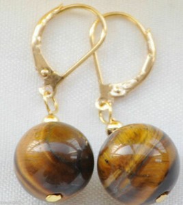 Authentic 12mm Yellow Tiger's-eye Gemstone Gold Plated Leverback Dangle Earring