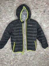 Eddie Bauer Puffer Jacket Kids Medium Black  Gray Hooded Neon Trim Reversible