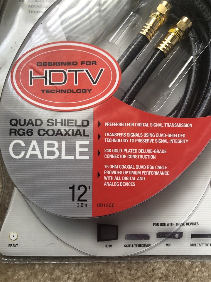 RCA High performance HDTV quad shield RG6 coaxial cable 12’ new In Box