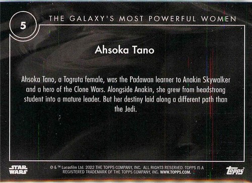 Ahsoka Tano 5 2022 Topps Now Star Wars Star Wars Galaxy's Most Powerful Women - Picture 2 of 2