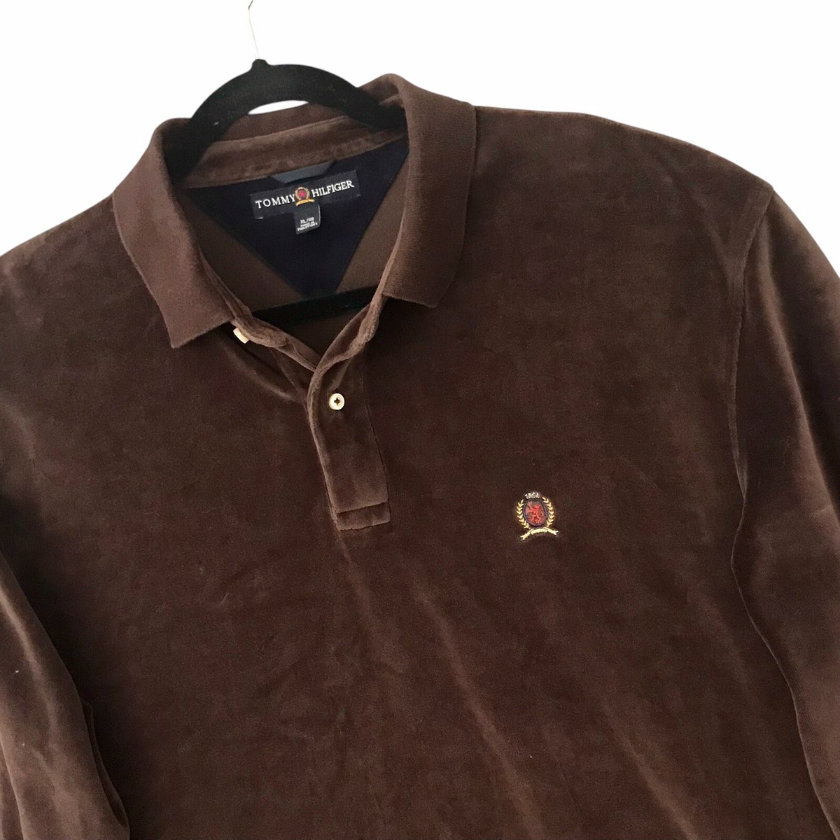 VTG Tommy Hilfiger Long Sleeve Velour Polo Shirt Chocolate Brown