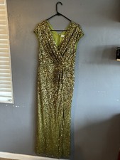 Mac Duggal Dress 5623 Sequined Faux Wrap V Neck Cap Sleeve Gown Size 8 Olive New