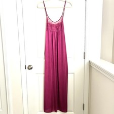 Vintage Nightgown Lingerie Long Nylon Silky Dark Pink Lace Strappy