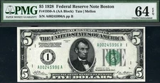 1928 $5 Boston Federal Reserve Note FRN • Fr.1950-A • PMG 64 EPQ