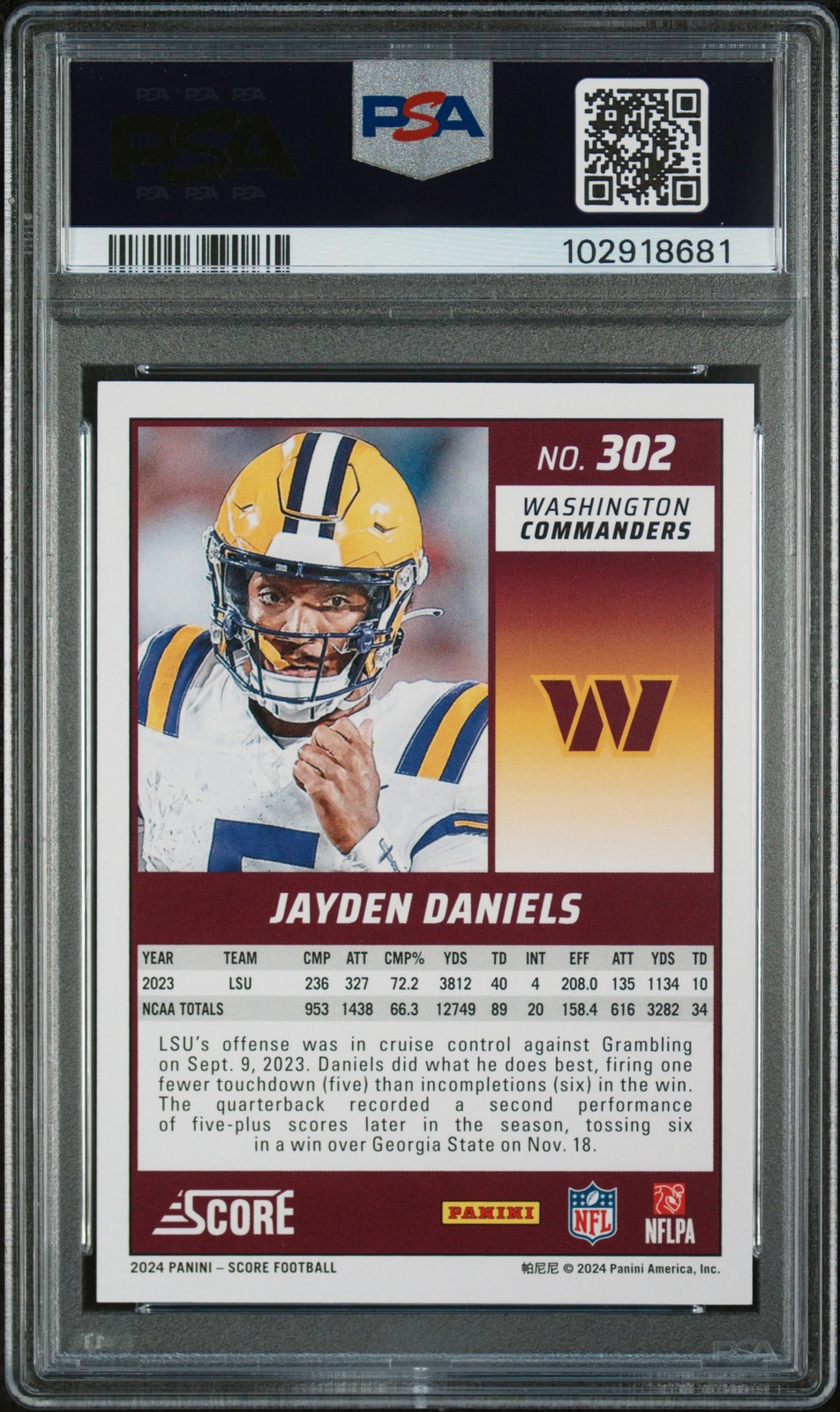 2024 PANINI SCORE SHOWCASE #302 JAYDEN DANIELS ROOKIE RC 48/100 PSA 7 view 2