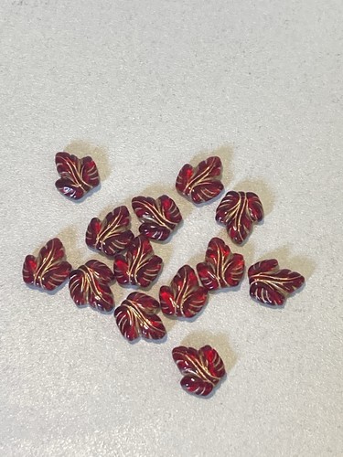 Used Ruby Red Gold Leaf Vein Glass Beads Jewelry Bracelet Making Supplies Lot