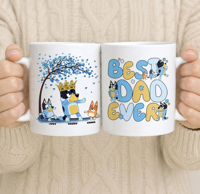 Custom Blue Best Dad Ever Mug, Personalized Cartoon Family Cup with Kids Names