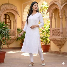 White Cotton Kurti: White Embroidery Kurta  White Salwaar Kameez for Women