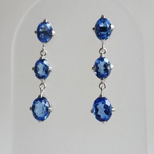 Sterling Silver Sapphire Blue Crystal Drop Earrings  2" Triple Dangle 925