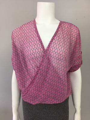 Jennifer Lopez JLO Women's XS Wrap Look Shirt Pink Black White Roll Sleeves