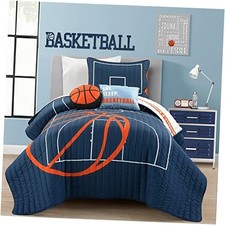 Basketball Game Reversible Quilt Size 4 Piece Set - Twin Navy Contemporary