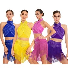 Womens Dancewear Swing Costume Skirt Outfit Tiered Dress Cha-cha Sleeveless