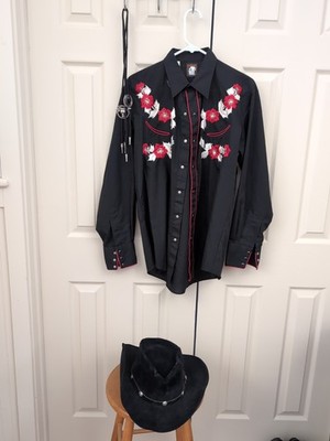 Karman Men's Western Red White Embroidered Black Snap-Up Shirt 34 16.5 Hat Bolos
