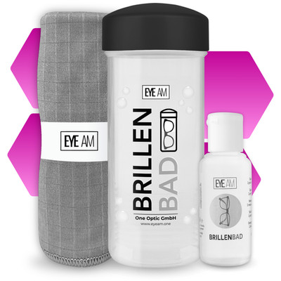 EyeAm Brillenbad Set inkl. 50ml Konzentrat & Mikrofasertuch | Brillenreinigung