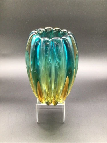 Vintage MCM Murano Style Blue/ Gold Wide Mouth Scalloped Glass Vase 9.5” Tall