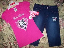 Hello Kitty Girls Outfit 2pc Set Top Capris Size 4 5 6 6X Pink Foil Heart Studs