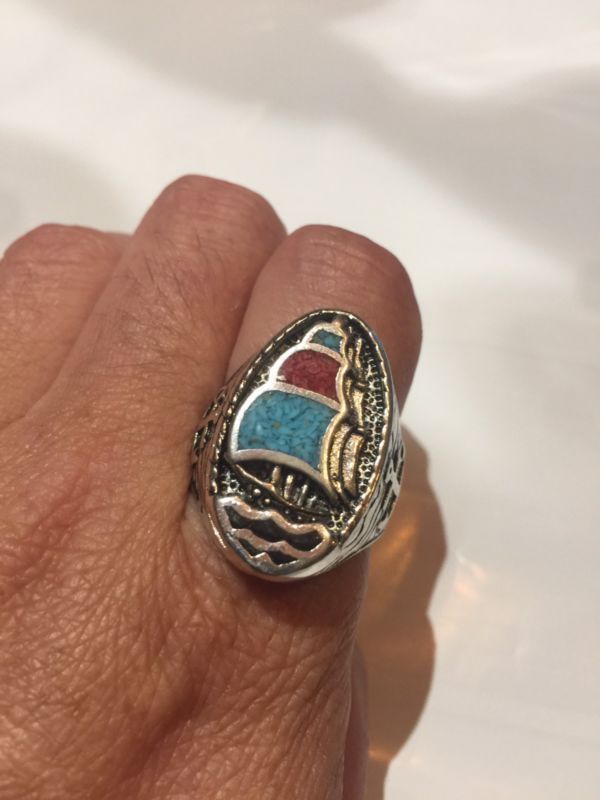 1980\'s Southwestern Crushed Turquoise Stone Inlay Vintage Southwest Chip Crushed Turquoise Inlay Ring  main image 2