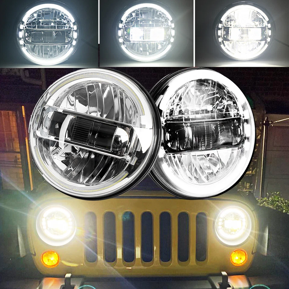 Chrome DOT Approved 7" Halo Round LED Headlights DRL For Jeep Wrangler JK TJ LJ - Image 2 of 4