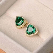 3Ct Lab-Created Emerald & Round Diamond Halo Stud Earrings 14k Yellow Gold Over
