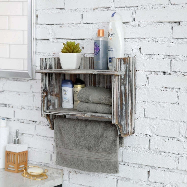 MyGift Wall-Mounted Rustic Gray Wood 3-Tier Bathroom Organizer Shelf Rack with 23 inch Hand Towel Bar