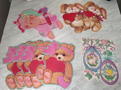 VTG. Paper Die Cut Bunnies, Bear, Cupid, Chicks & Eggs  Double Sided  **Lot of 8