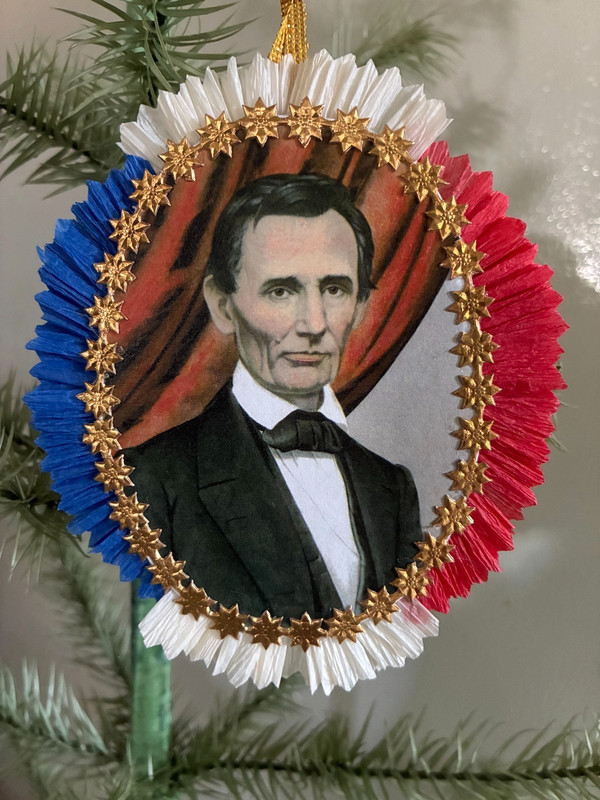 Antique Look Scrap Ornament,  PATRIOTIC    Young  LINCOLN,  Dresden,  Handmade